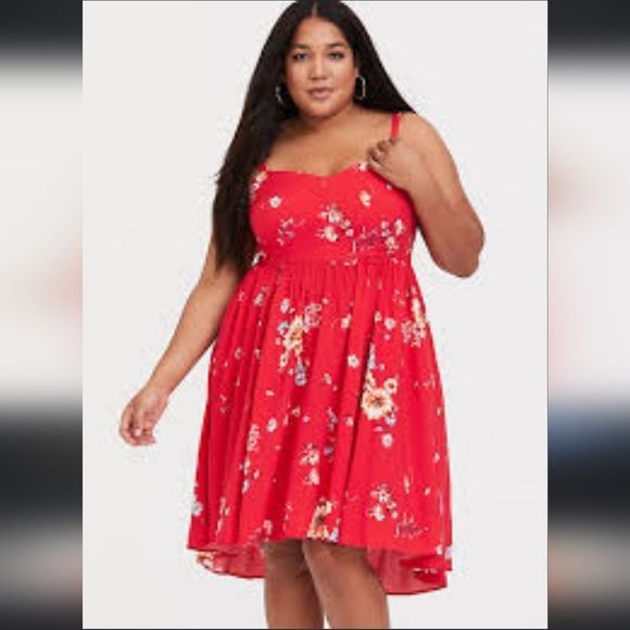 TORRID Red Floral Mini Challis Hogh-Low Skater Dress Size 1 - Picture 1 of 3